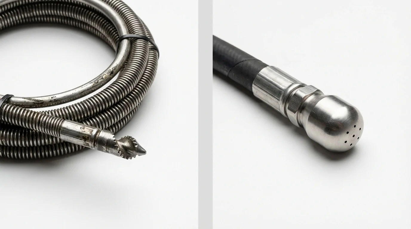 Drain snake cable and hydro jetting nozzle used for drain cleaning in California, MO