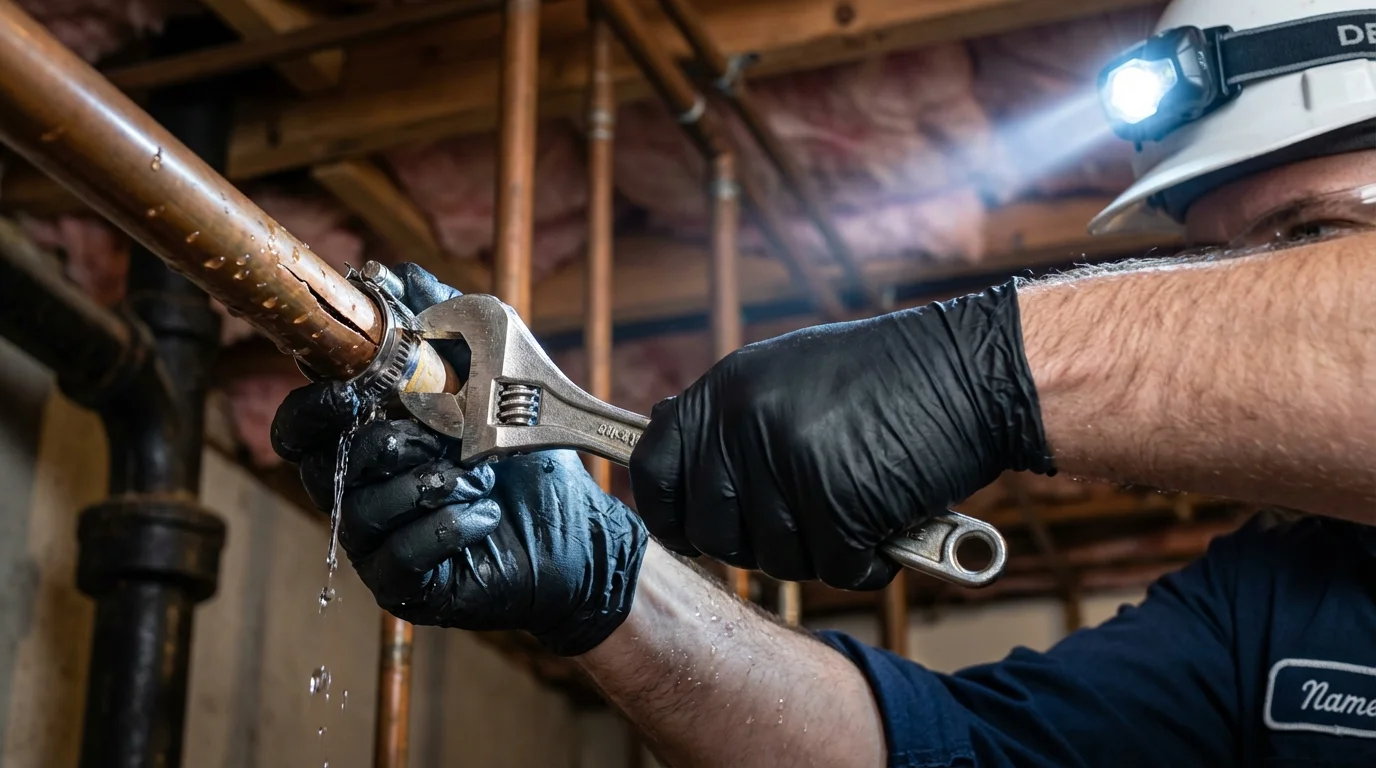 Emergency pipe clamp repair being performed by a Johns Plumbing LLC plumber in California