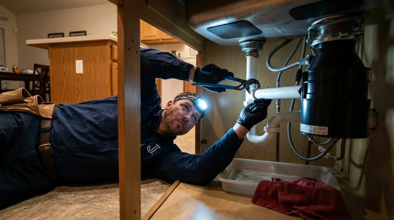 P-trap and supply line connections under a kitchen sink showing a common leak point in California, MO